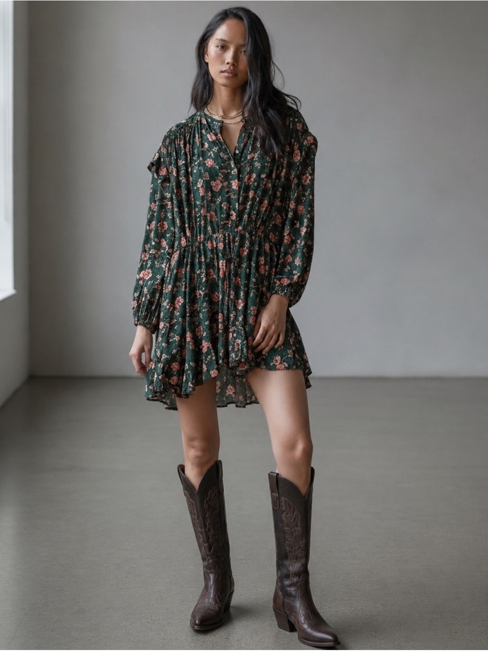 Free People Flower Fields Mini Dress Dark Green Floral Tie Waist Small
